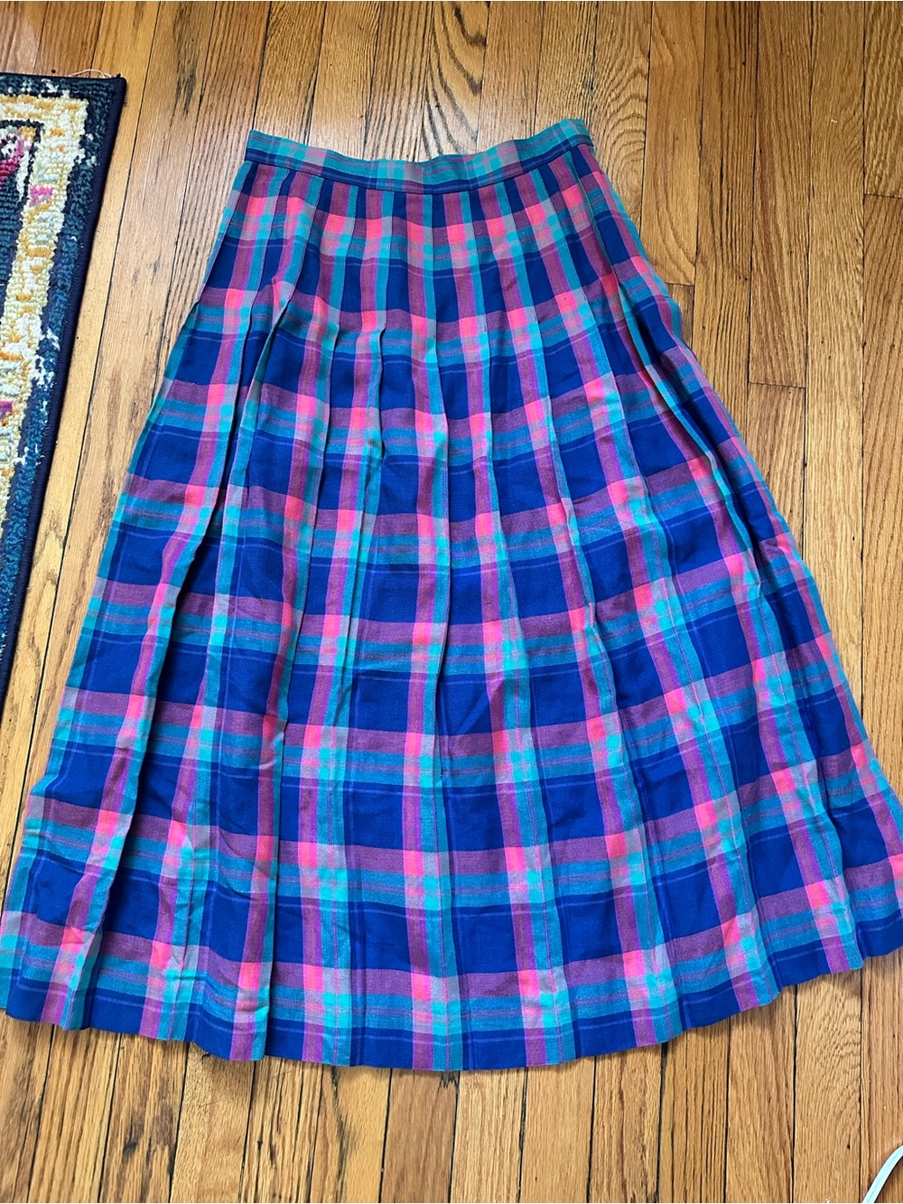 Vintage 80s David Brooks Pleated A-Line Plaid Skirt in Blue and Pink